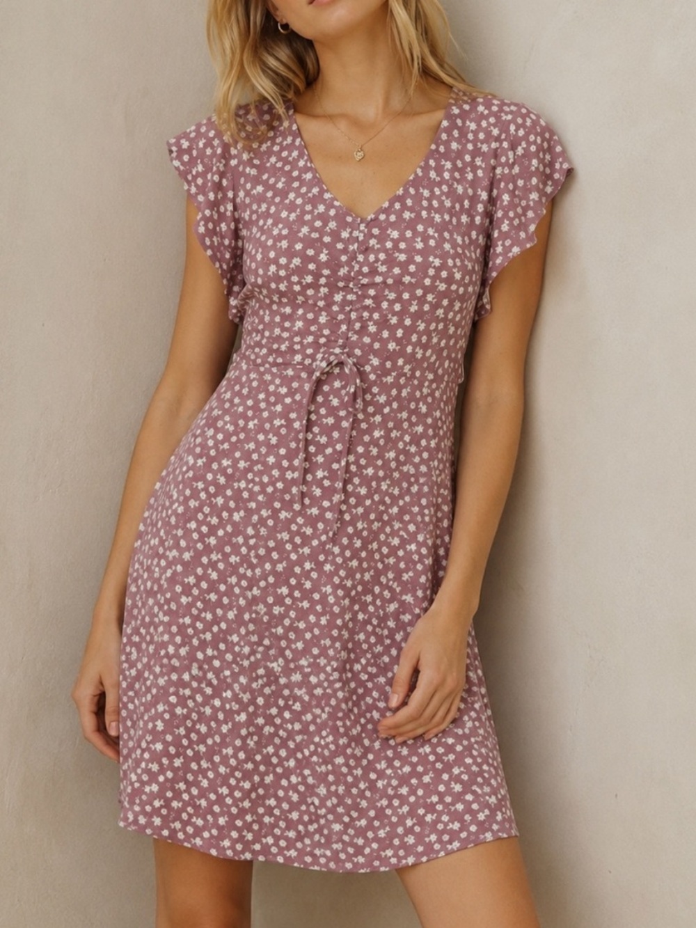 Monteau Los Angeles Mauve Floral Flutter Sleeve Lined Dress Size Medium